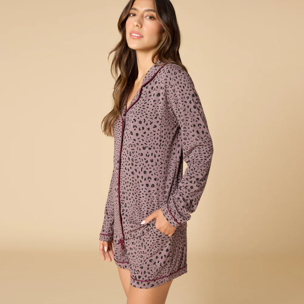 Aria - Slim Notch Collar Long Sleeve Short PJ Set - Image 10