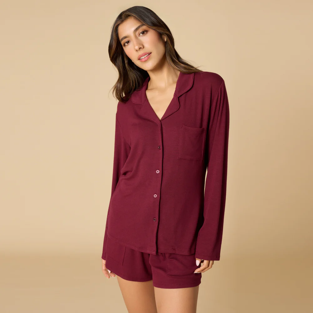 Aria - Slim Notch Collar Long Sleeve Short PJ Set - Image 5