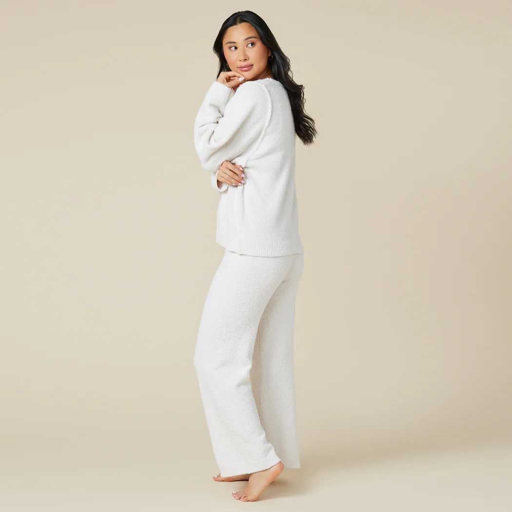 Solid Marshmallow Reverse Seam Crew Neck Lounge Set with Bracelet Sleeve - Image 11