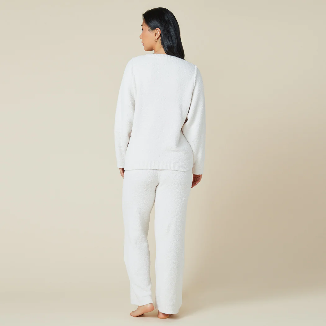 Solid Marshmallow Reverse Seam Crew Neck Lounge Set with Bracelet Sleeve - Image 12