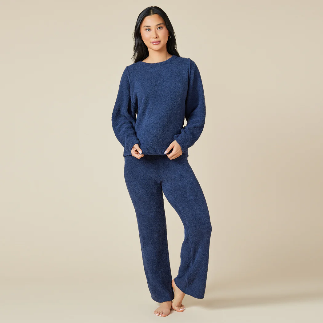 Solid Marshmallow Reverse Seam Crew Neck Lounge Set with Bracelet Sleeve - Image 14