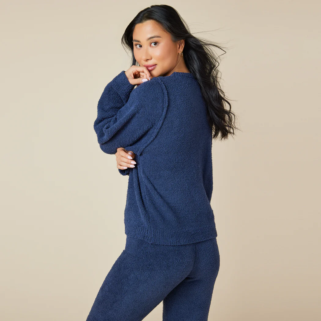 Solid Marshmallow Reverse Seam Crew Neck Lounge Set with Bracelet Sleeve - Image 16