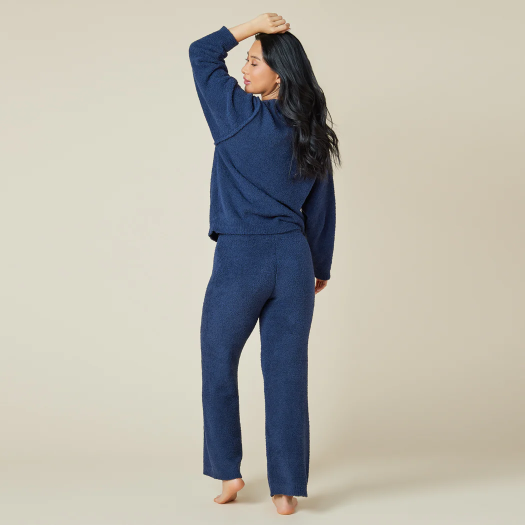 Solid Marshmallow Reverse Seam Crew Neck Lounge Set with Bracelet Sleeve - Image 17