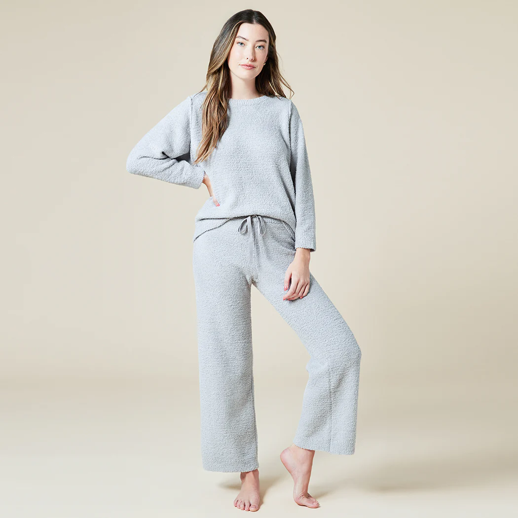 Solid Marshmallow Reverse Seam Crew Neck Lounge Set with Bracelet Sleeve - Image 18