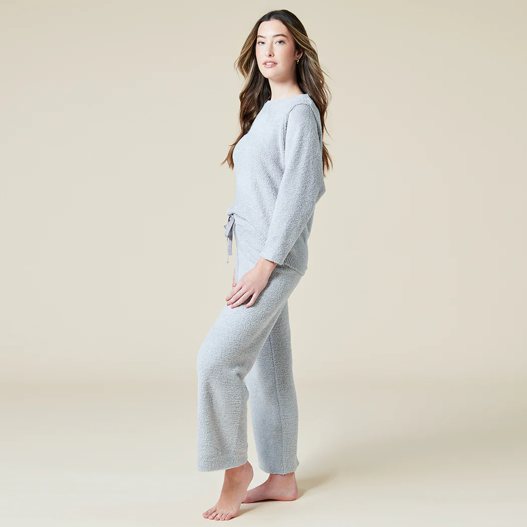 Solid Marshmallow Reverse Seam Crew Neck Lounge Set with Bracelet Sleeve - Image 19