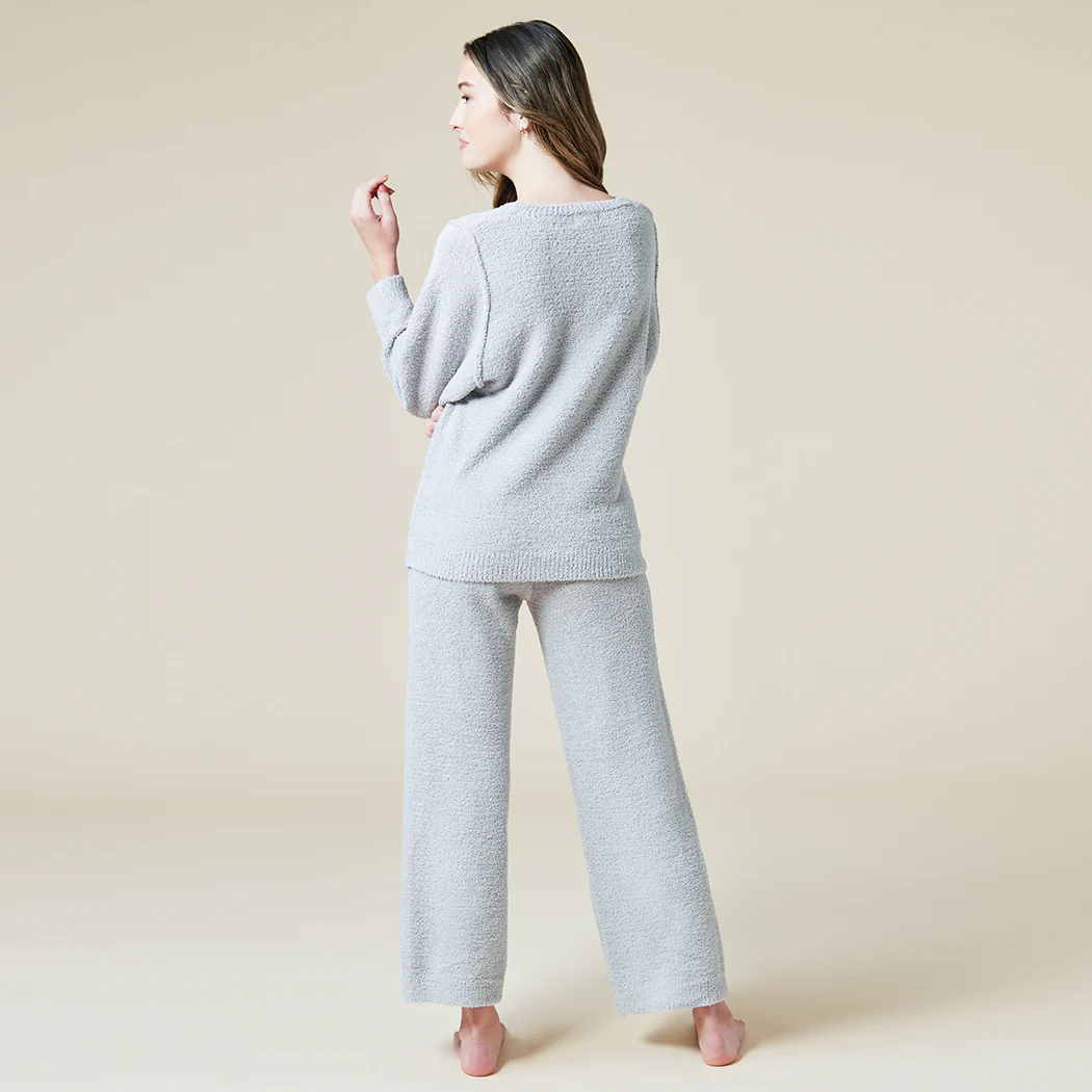 Solid Marshmallow Reverse Seam Crew Neck Lounge Set with Bracelet Sleeve - Image 20
