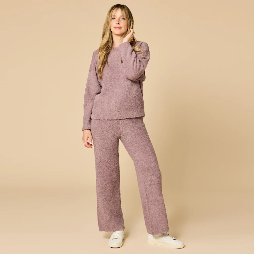 Solid Marshmallow Reverse Seam Crew Neck Lounge Set with Bracelet Sleeve - Image 22