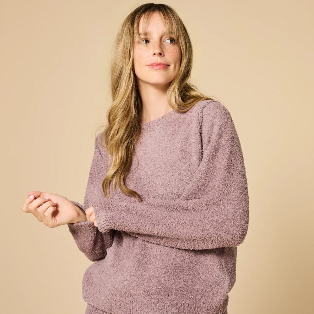 Solid Marshmallow Reverse Seam Crew Neck Lounge Set with Bracelet Sleeve - Image 23