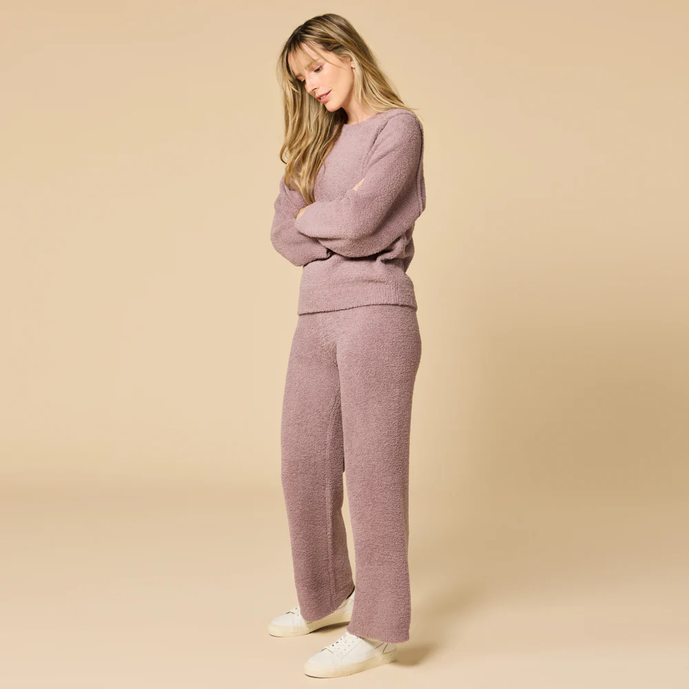 Solid Marshmallow Reverse Seam Crew Neck Lounge Set with Bracelet Sleeve - Image 24