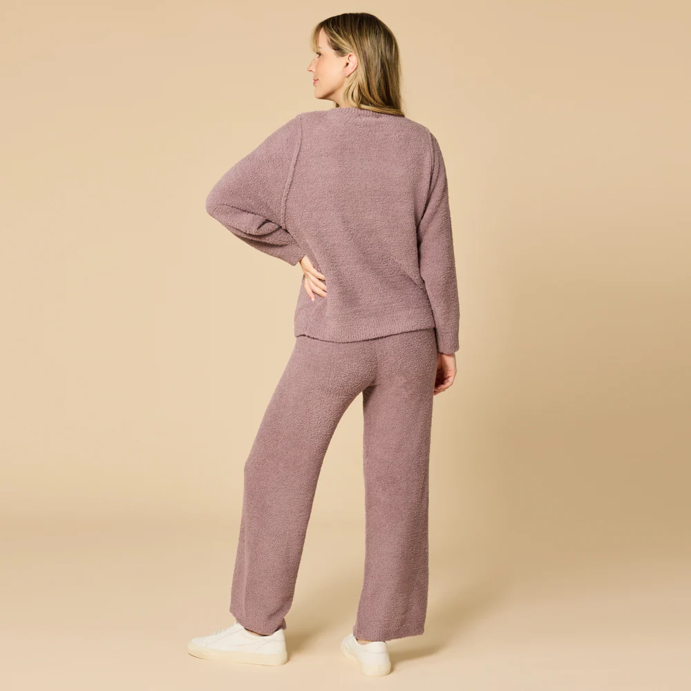 Solid Marshmallow Reverse Seam Crew Neck Lounge Set with Bracelet Sleeve - Image 25