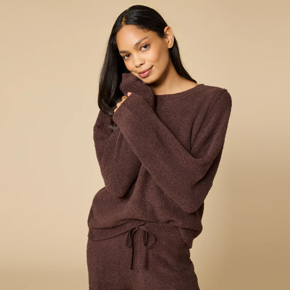 Solid Marshmallow Reverse Seam Crew Neck Lounge Set with Bracelet Sleeve - Image 28
