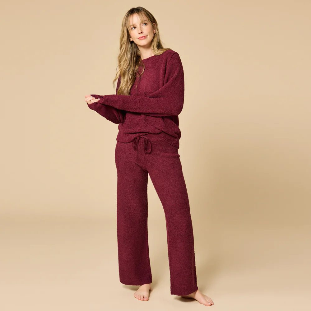 Solid Marshmallow Reverse Seam Crew Neck Lounge Set with Bracelet Sleeve - Image 3