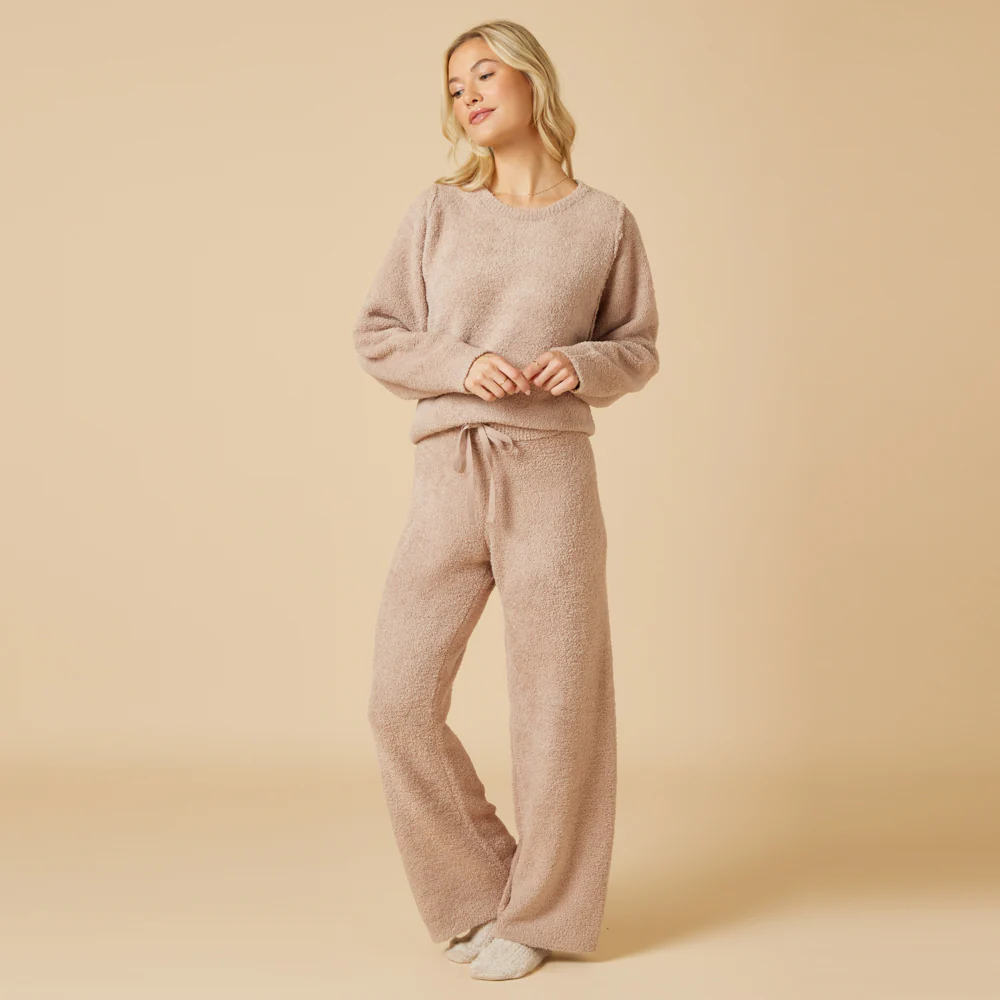 Solid Marshmallow Reverse Seam Crew Neck Lounge Set with Bracelet Sleeve - Image 33
