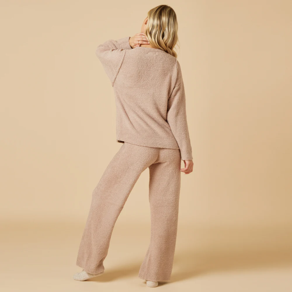 Solid Marshmallow Reverse Seam Crew Neck Lounge Set with Bracelet Sleeve - Image 35
