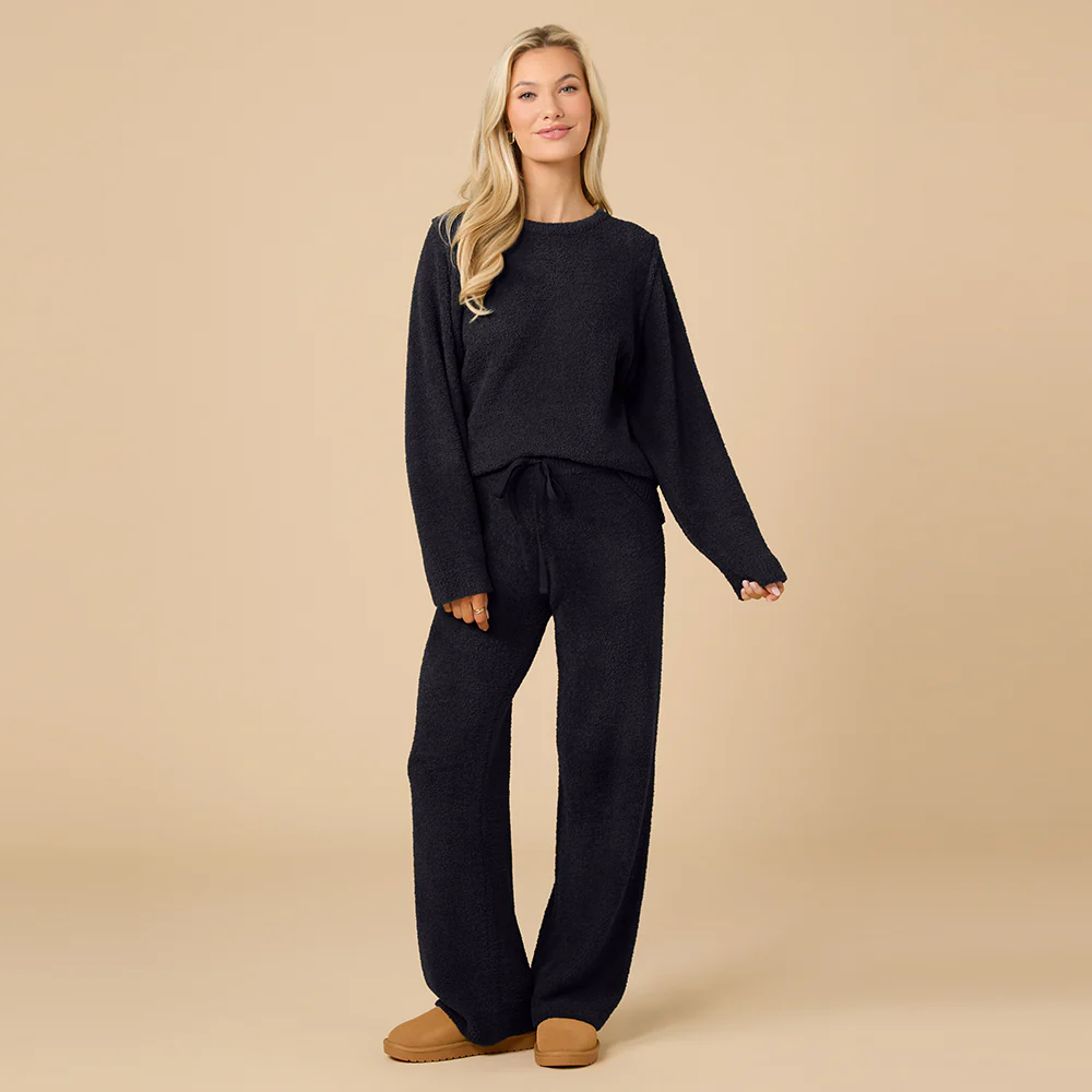 Solid Marshmallow Reverse Seam Crew Neck Lounge Set with Bracelet Sleeve - Image 37