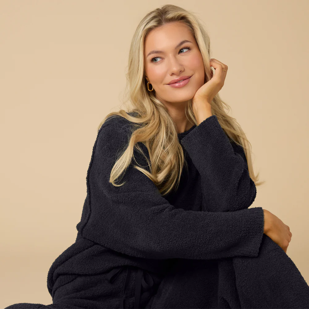 Solid Marshmallow Reverse Seam Crew Neck Lounge Set with Bracelet Sleeve - Image 38