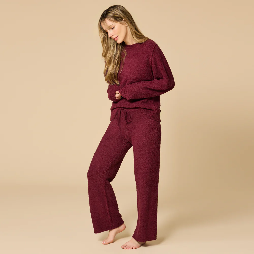 Solid Marshmallow Reverse Seam Crew Neck Lounge Set with Bracelet Sleeve - Image 4