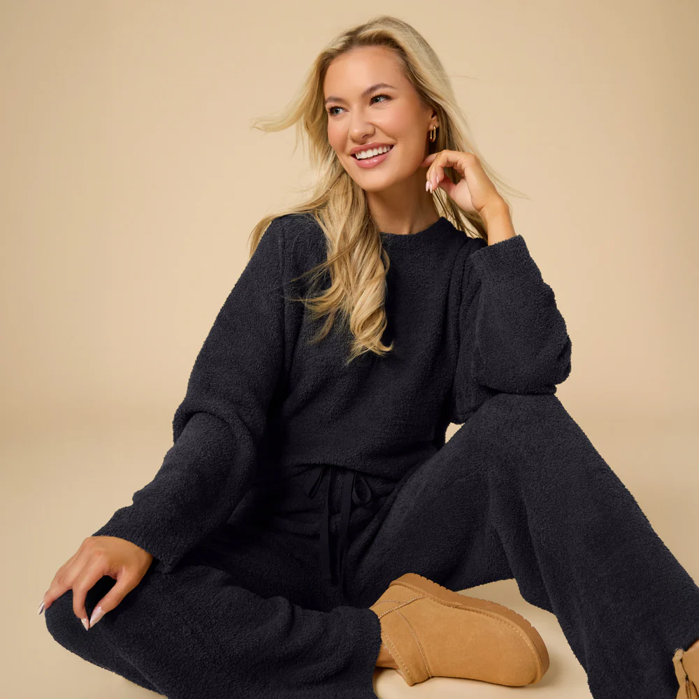 Solid Marshmallow Reverse Seam Crew Neck Lounge Set with Bracelet Sleeve - Image 42
