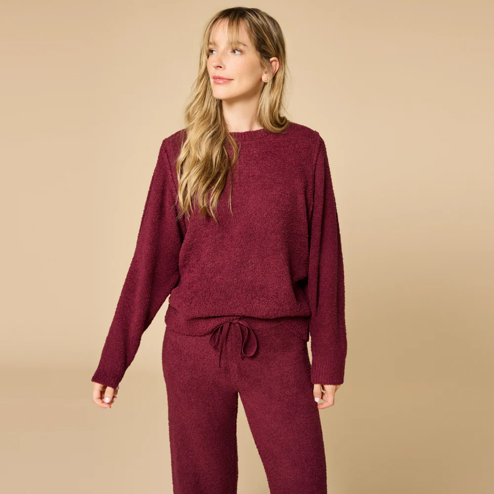 Solid Marshmallow Reverse Seam Crew Neck Lounge Set with Bracelet Sleeve - Image 5