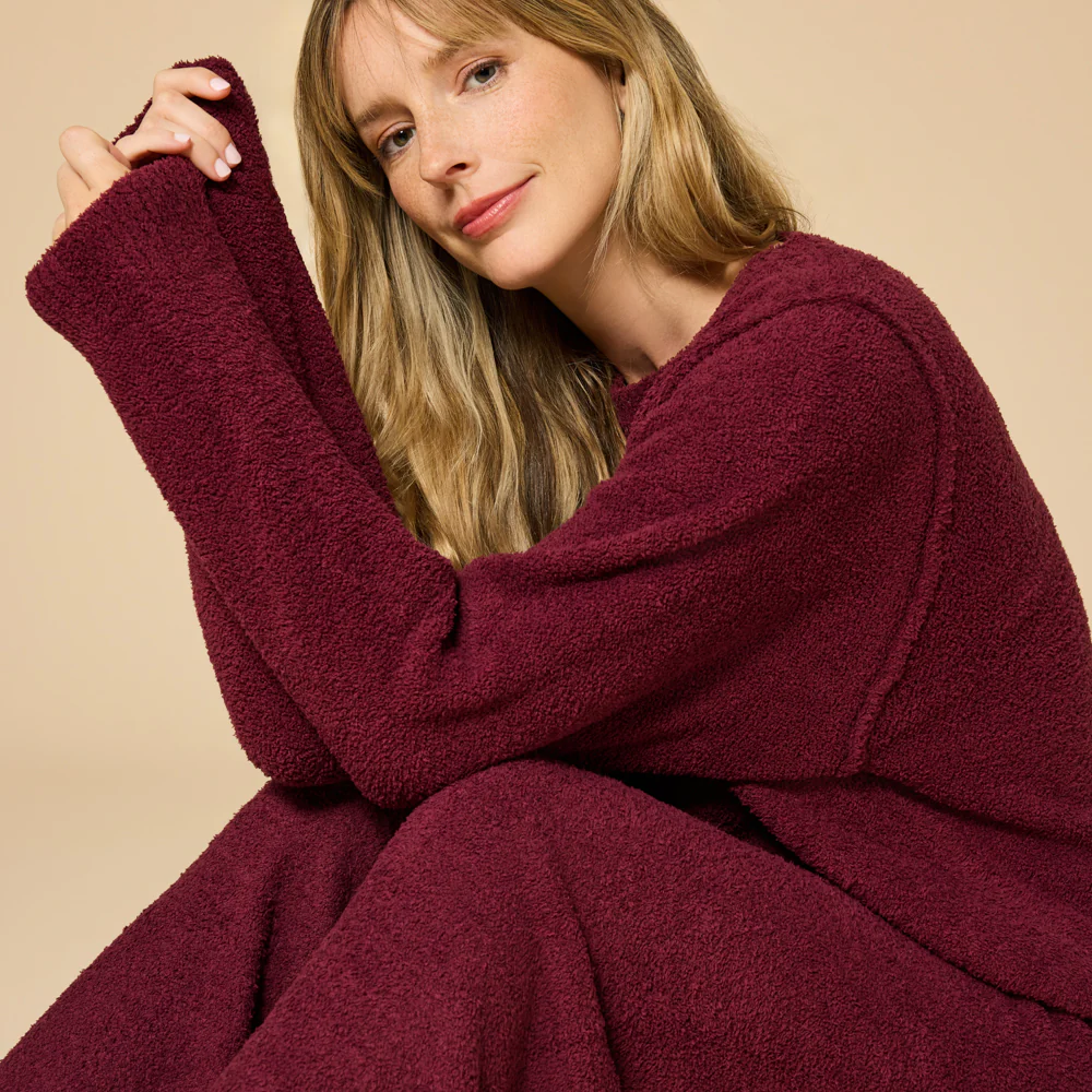 Solid Marshmallow Reverse Seam Crew Neck Lounge Set with Bracelet Sleeve - Image 7