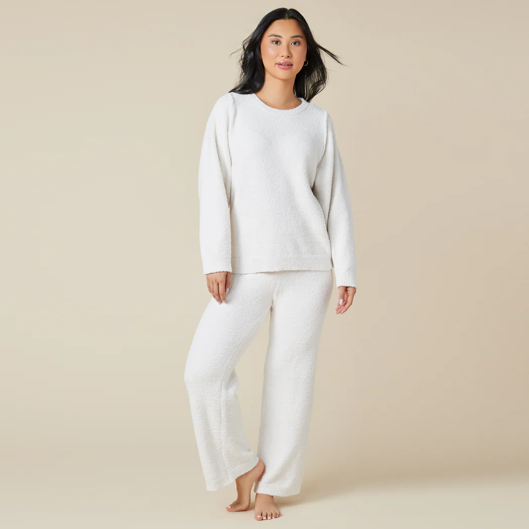 Solid Marshmallow Reverse Seam Crew Neck Lounge Set with Bracelet Sleeve - Image 8