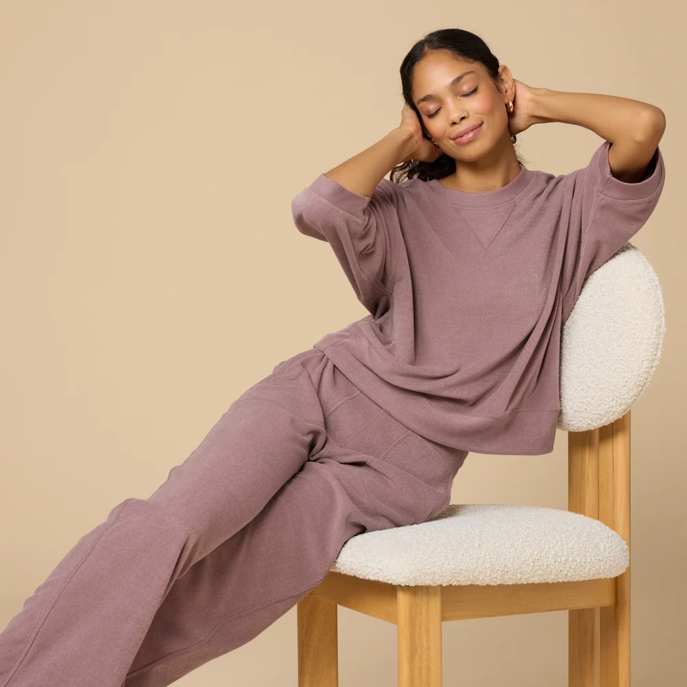 Terry Cropped Sleeve Crew Neck with Wide Leg Pant - Image 3